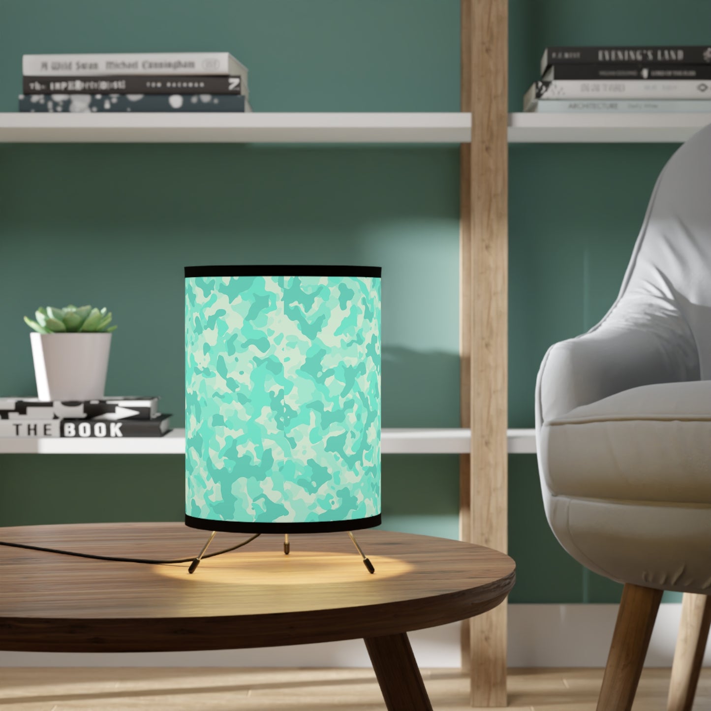 Modern Tripod Lamp with Aqua Camo Shade