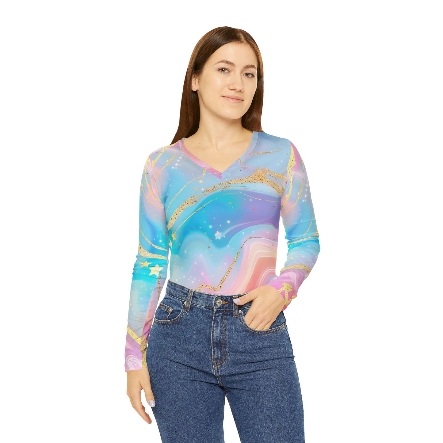 Dreamy Pastel V-Neck Long Sleeve Shirt for Women