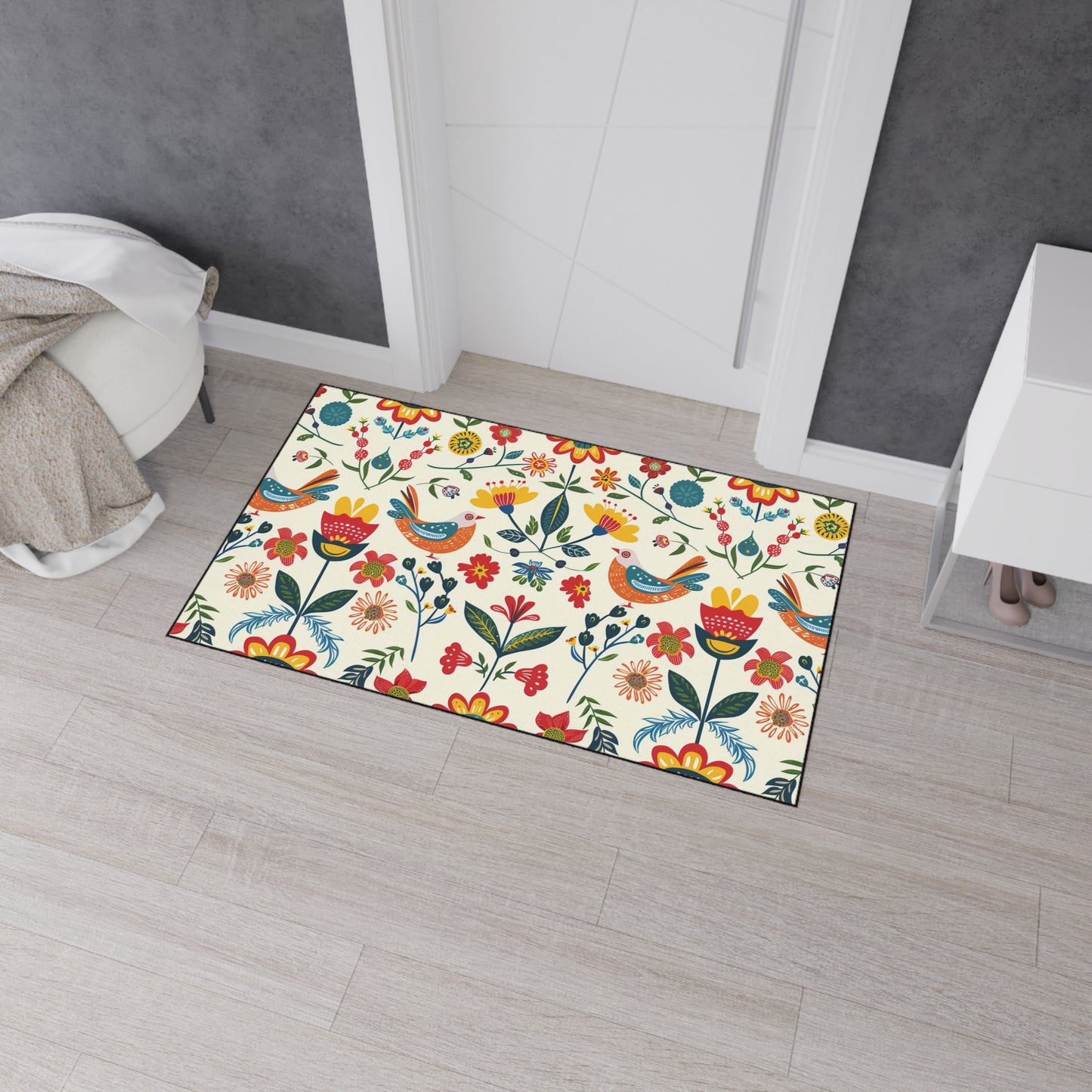 Vibrant Floral Bird Welcome Mat