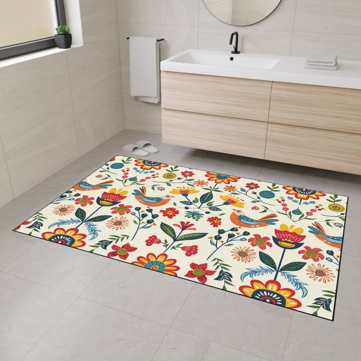 Vibrant Floral Bird Welcome Mat